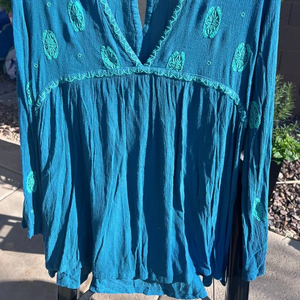 SZL Grace&Lace Turquoise Boho Tunic Top. VNeck, Embroidery, Loose, Flowy. - Picture 3 of 6